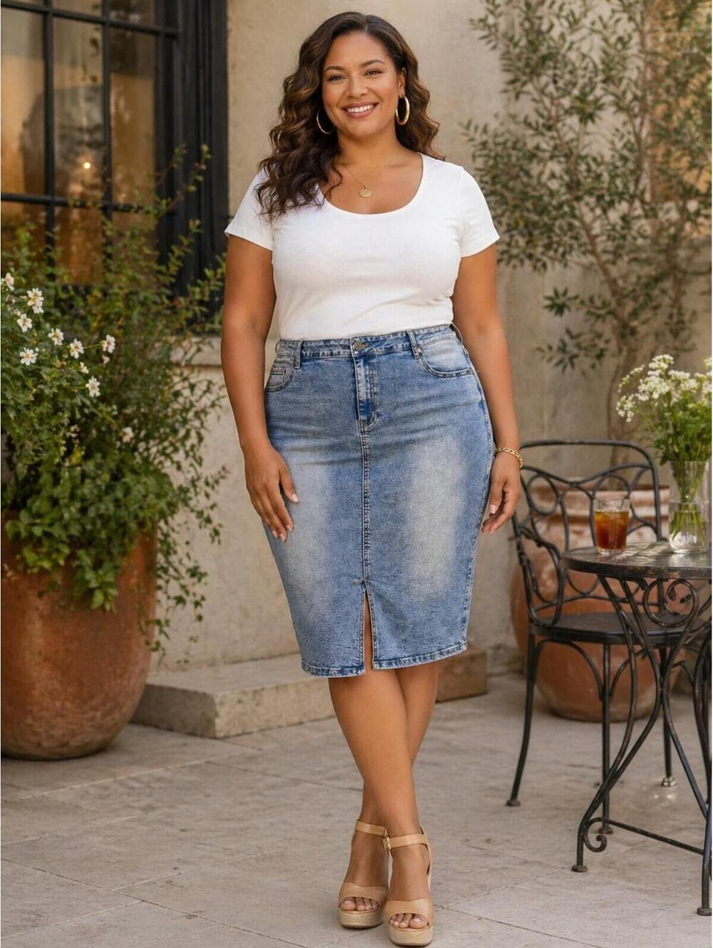 City Chic Light Acid Wash Distressed Hem Front Split Pencil Denim Skirt, XL